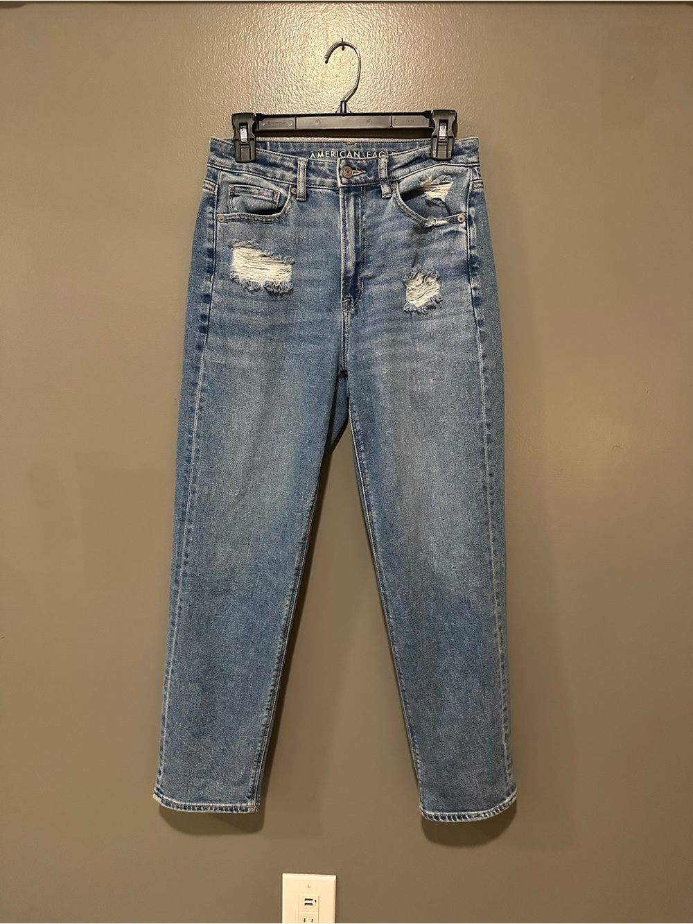 American Eagle Outfitters Light Blue Straight-Leg Distressed Jeans